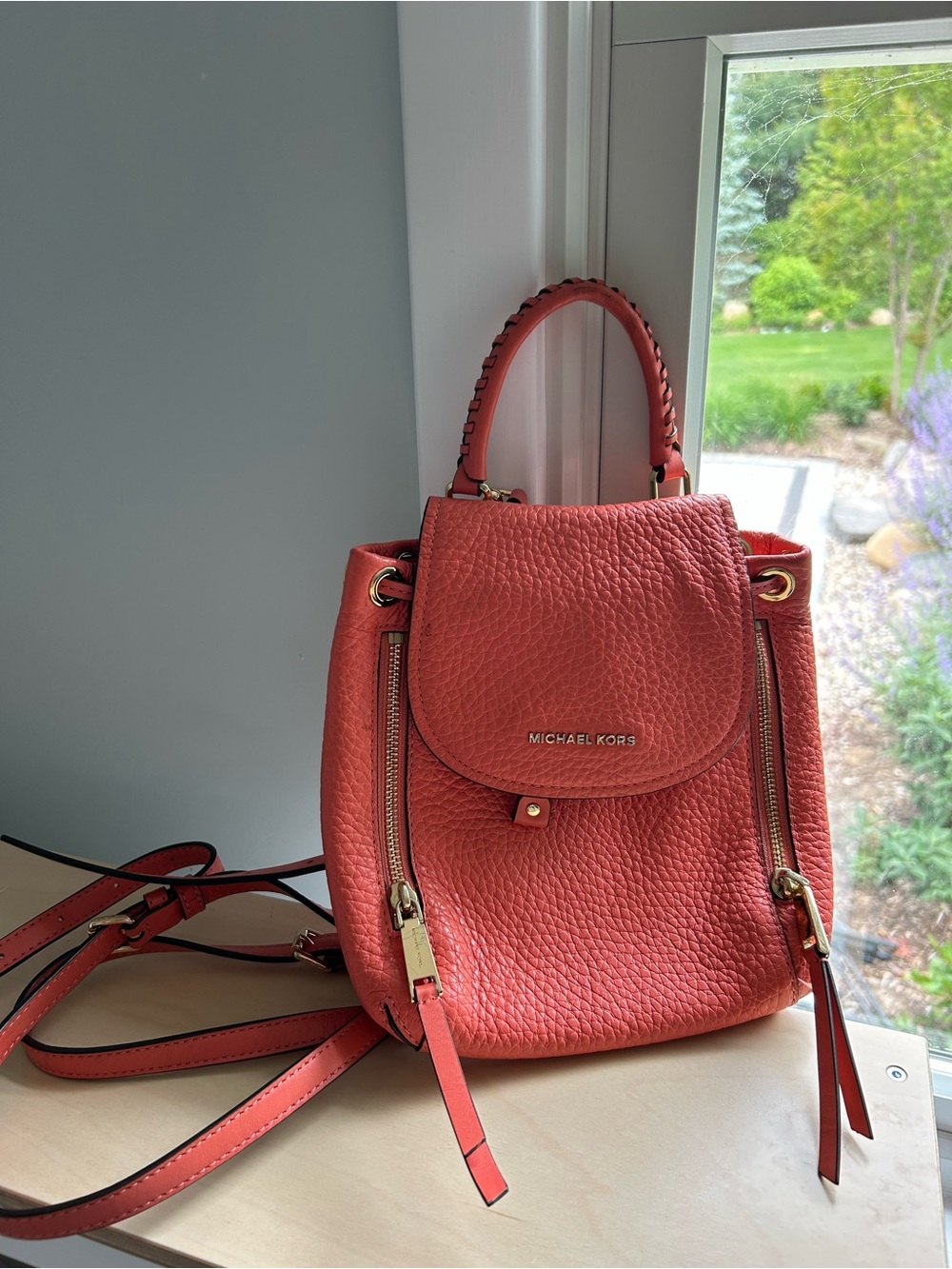 Michael Kors Coral-Peach Pebbled Leather Backpack